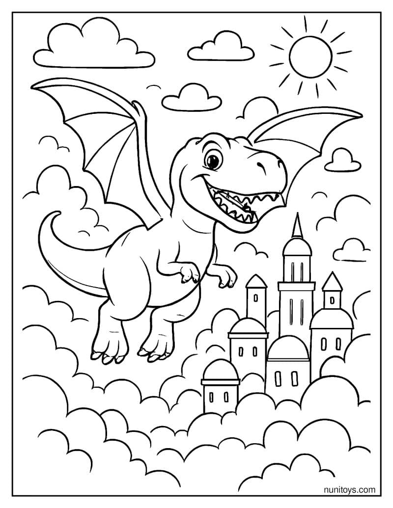 T-Rex Flying Over a Cloud City Coloring Page