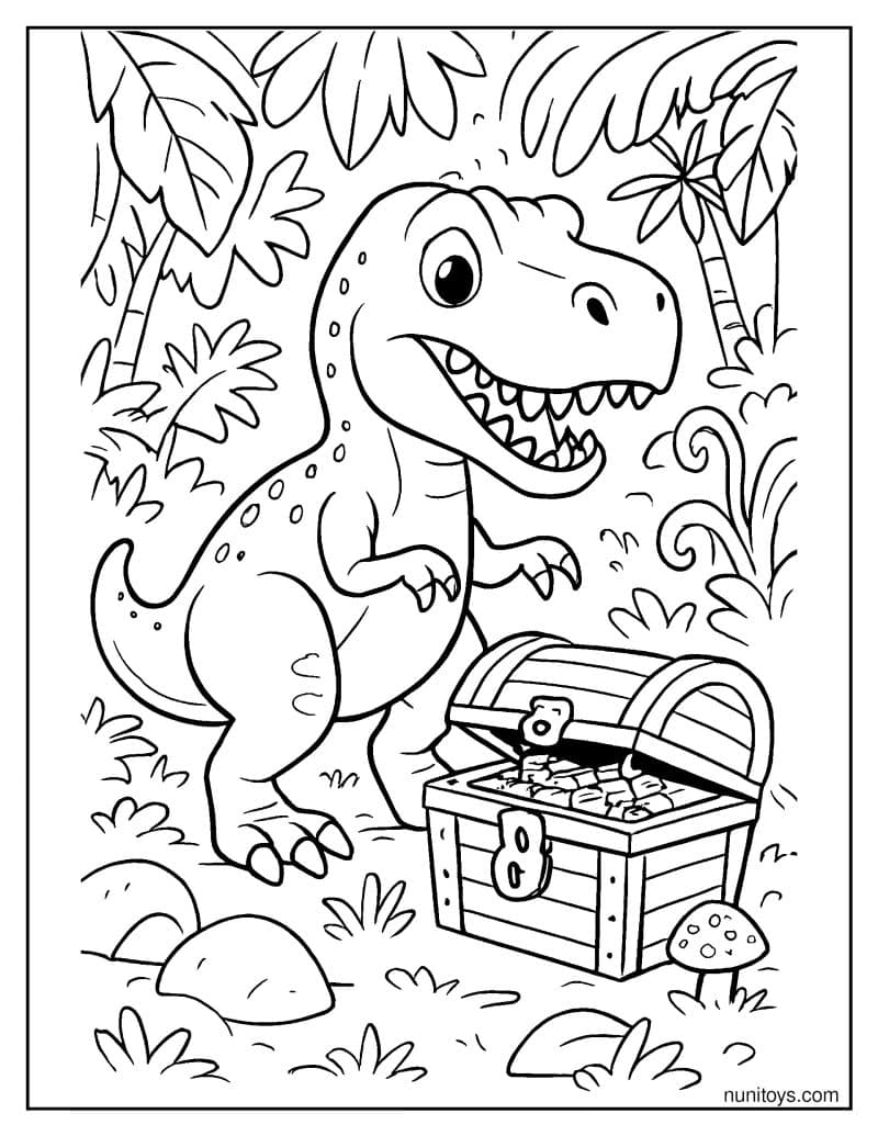 T-Rex Guarding a Treasure Chest in a Mystical Jungle Coloring Page