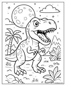 T-Rex Hunting at Night Under a Full Moon Coloring Page