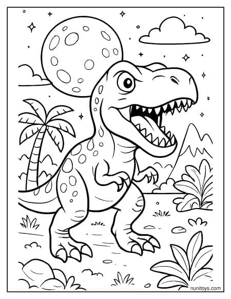 T-Rex Roaring Under Moonlit Sky Coloring Page