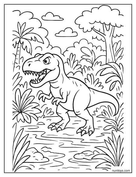 T-Rex Walking Through Thick Jungle Plants Coloring Page