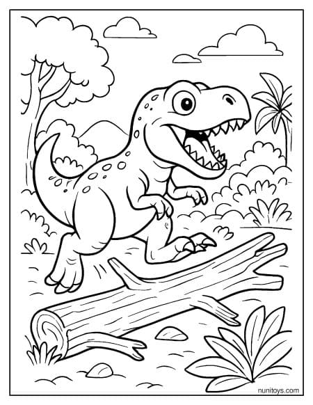 T-Rex Jumping Over Fallen Log Coloring Page