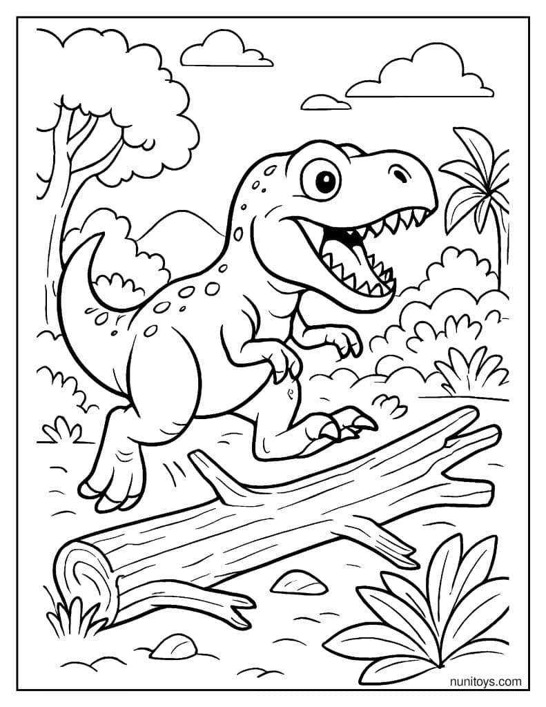 T-Rex Jumping Over Fallen Trees Coloring Page