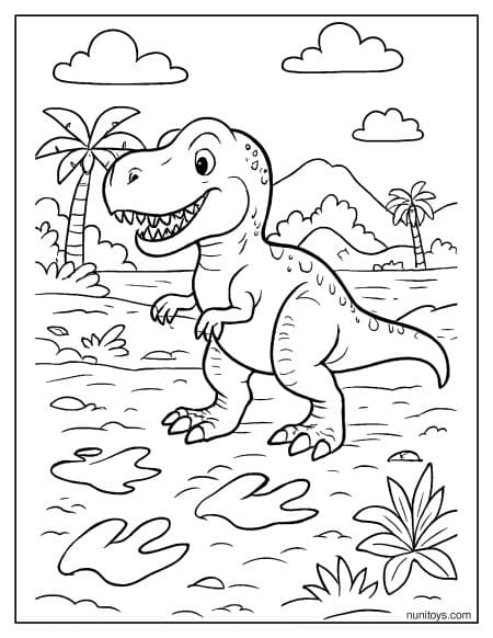 T-Rex Walking Near Water with Mountains Coloring Page