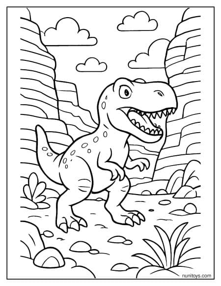 T-Rex Exploring Rocky Canyon Path Coloring Page