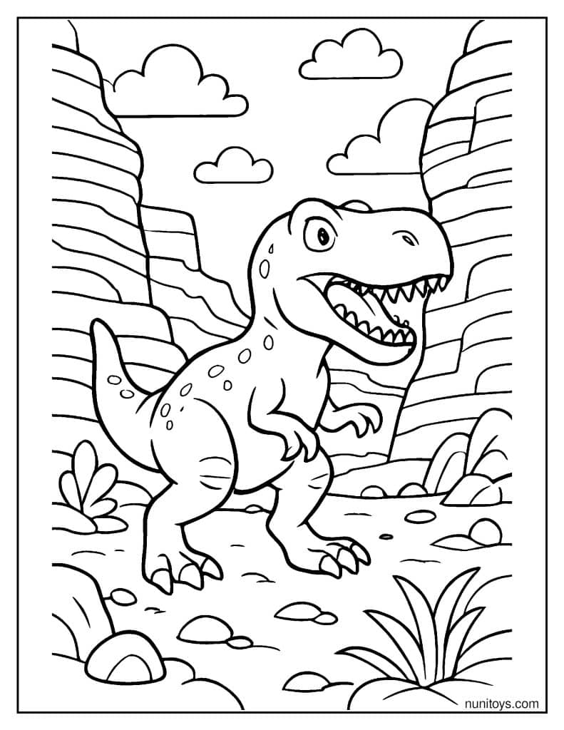T-Rex Moving Through a Canyon Coloring Page