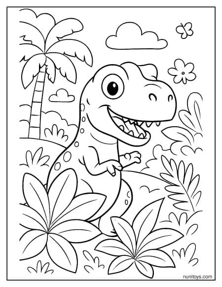 T-Rex Peeking Through Jungle Leaves Coloring Page