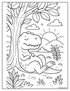 T-Rex Resting Under a Prehistoric Tree at Sunset Coloring Page