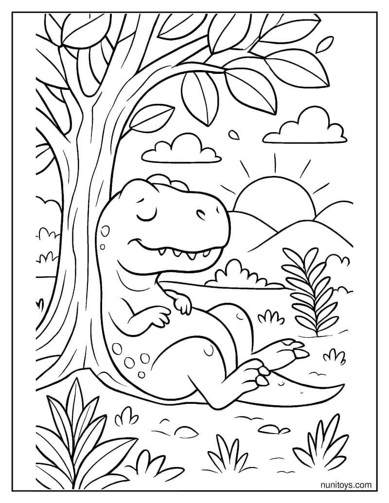 T-Rex Resting Under a Prehistoric Tree at Sunset Coloring Page