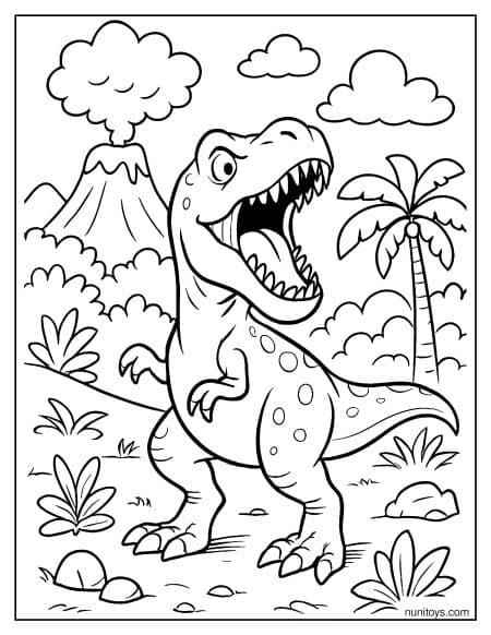 T-Rex Roaring Loudly in Jungle Clearing Coloring Page