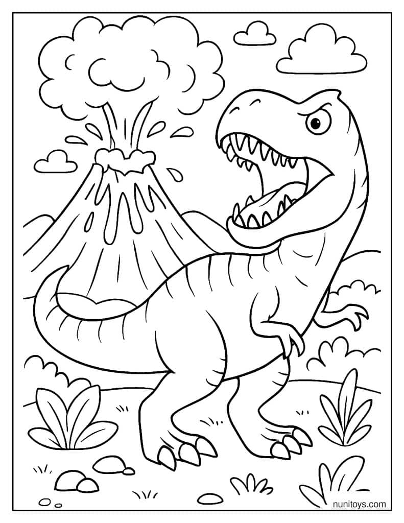 T-Rex Roaring Near an Erupting Volcano Coloring Page