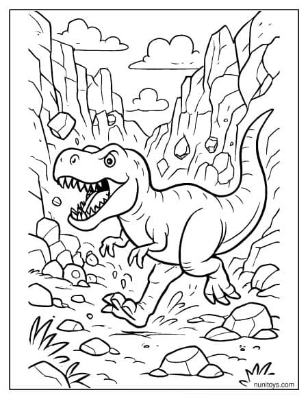 T-Rex Running Through Rocky Canyon Path Coloring Page