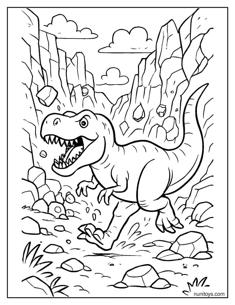 T-Rex Running Through a Collapsing Rocky Canyon Coloring Page