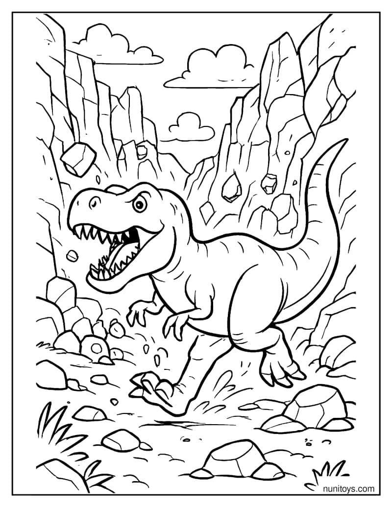 T-Rex Running Through a Collapsing Rocky Canyon Coloring Page
