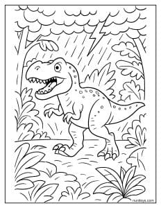 T-Rex Running Through a Jungle in a Storm Coloring Page
