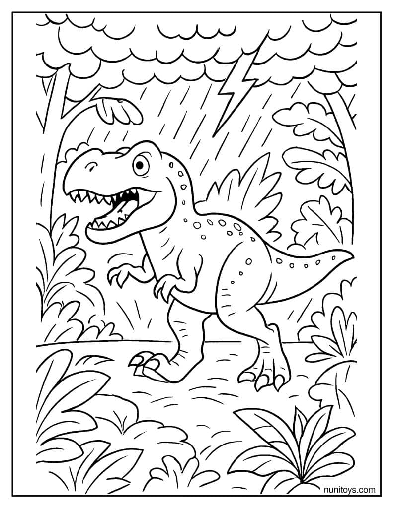 T-Rex Running Through a Jungle in a Storm Coloring Page