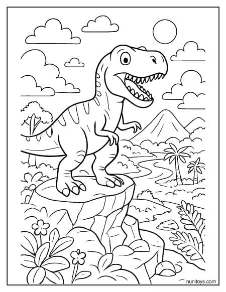 T-Rex Standing on Cliff Above River Coloring Page
