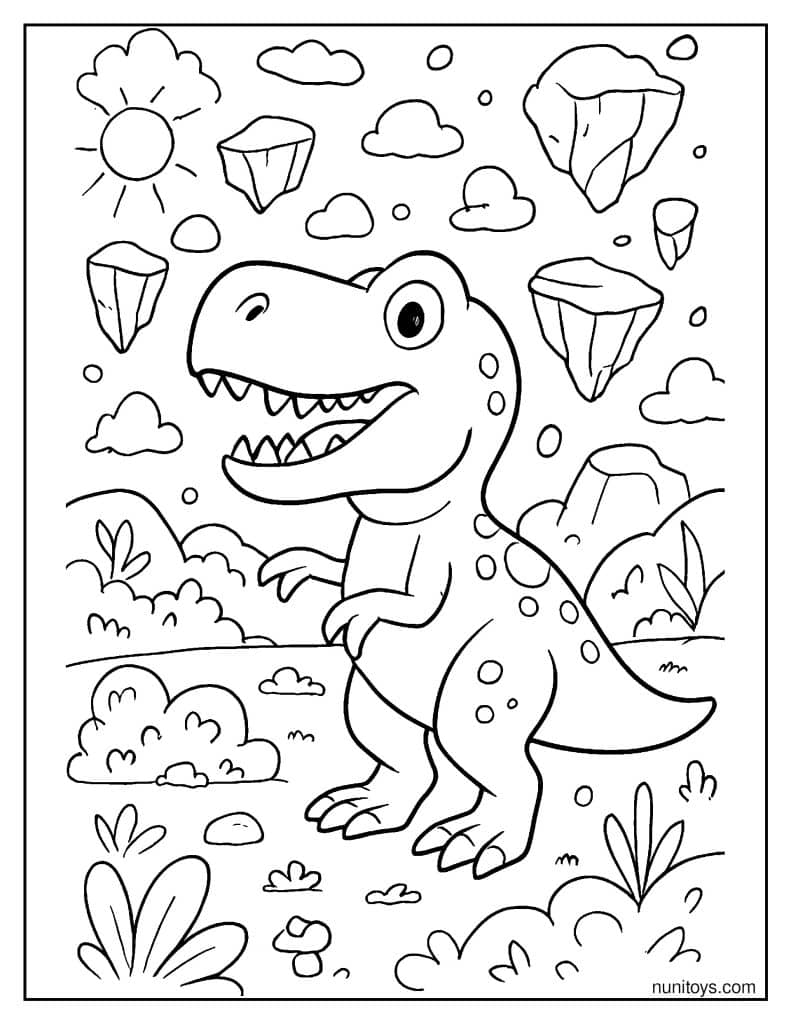 T-Rex Among Floating Rocks in a Magical Land Coloring Page