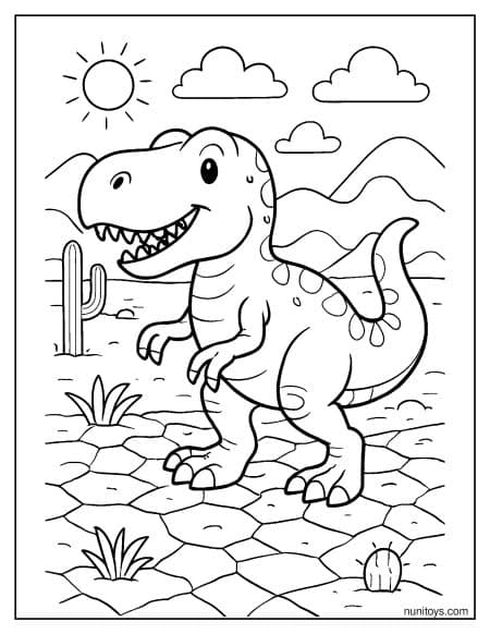 T-Rex Standing in Desert Landscape with Cactus Coloring Sheet