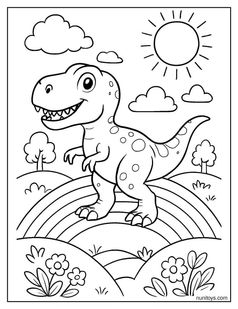 T-Rex Walking Across a Rainbow-Colored Landscape Coloring Page