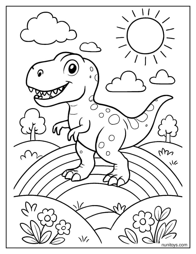 T-Rex Walking Across a Rainbow-Colored Landscape Coloring Page