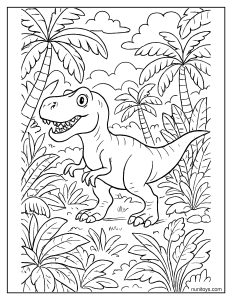 T-Rex Walking Through a Dense Jungle Coloring Page