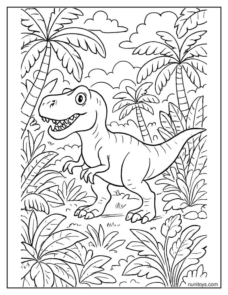 T-Rex Walking Through a Dense Jungle Coloring Page