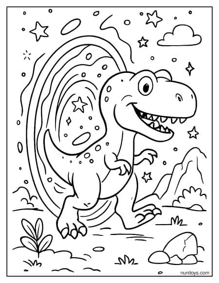 T-Rex Walking Through a Portal into Another Dimension Coloring Page