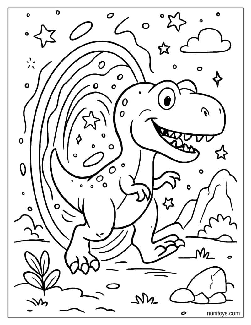 T-Rex Walking Through a Portal into Another Dimension Coloring Page
