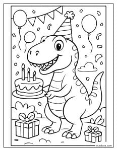 T-Rex in a Party Hat at a Birthday Celebration Coloring Page