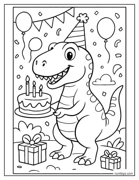T-Rex Birthday Party with Cake and Balloons Coloring Page