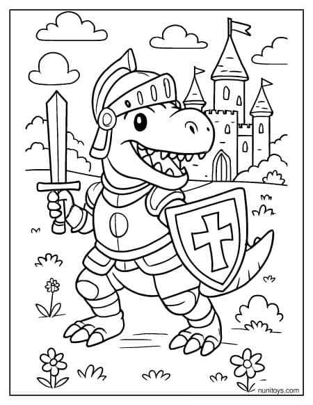 T-Rex Knight with Sword and Shield Coloring Page