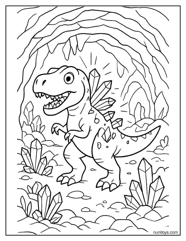 T-Rex with Crystal Spikes Glowing Inside a Cave Coloring Page