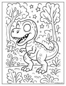 T-Rex with Glowing Eyes in a Magical Enchanted Forest Coloring Page