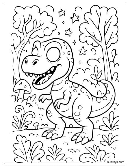 T-Rex with Glowing Eyes in a Magical Enchanted Forest Coloring Page