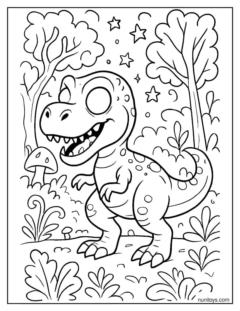 T-Rex with Glowing Eyes in a Magical Enchanted Forest Coloring Page
