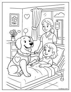 דף צביעה של כלב טיפולי מבקר ילד בבית חולים