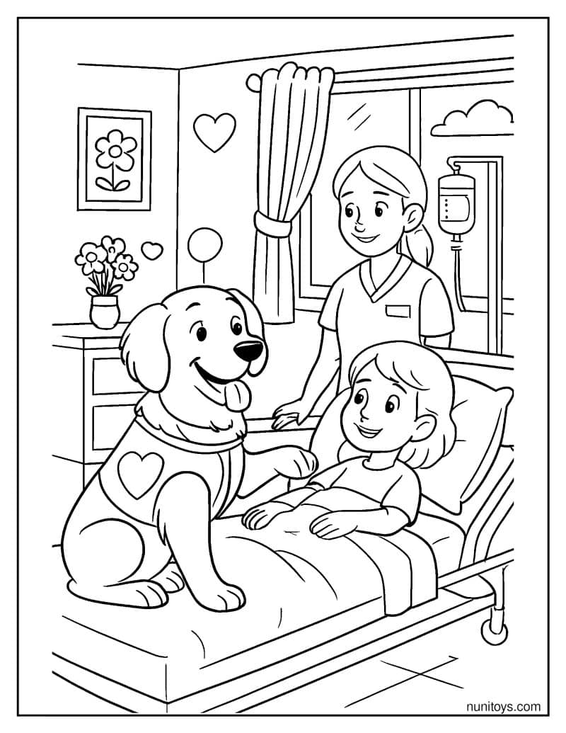 דף צביעה של כלב טיפולי מבקר ילד בבית חולים