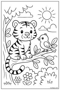 דף צביעה של טיגריס קטן יושב על ענף עם ציפור בגינה