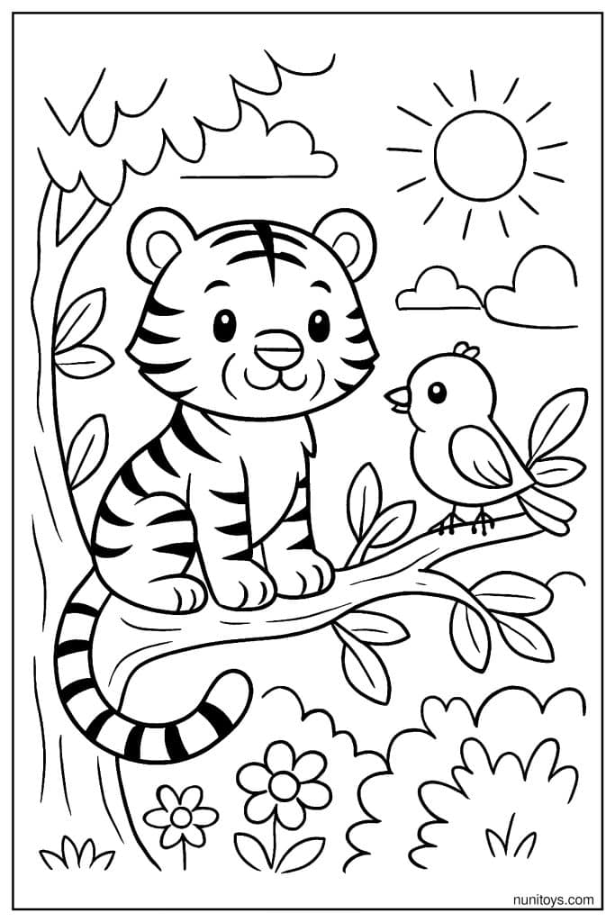 דף צביעה של טיגריס קטן יושב על ענף עם ציפור בגינה