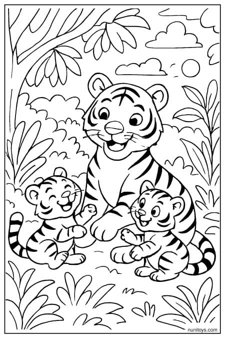 Tiger with Cubs Playing in a Jungle Scene Coloring Sheet