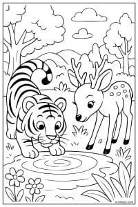 Tiger Watching a Deer by a Forest Pond Coloring Page