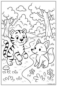 Tiger Walking with a Fox Along a Forest Path Coloring Page
