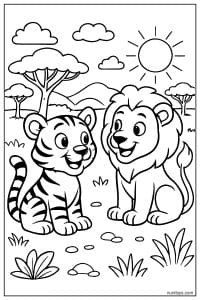 Tiger and Lion Sitting Together in a Sunny Savanna