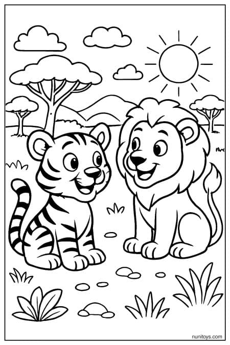 Tiger and Lion Sitting Together in a Sunny Savanna