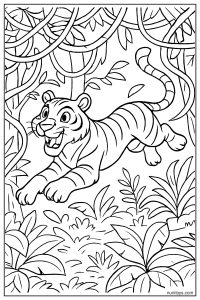 Tiger Leaping Through Dense Jungle Leaves Coloring Page