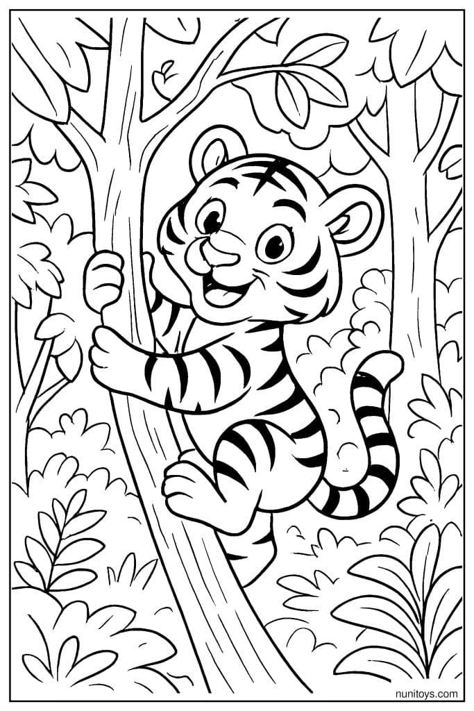 Playful Tiger Climbing a Tree in the Jungle Coloring Sheet