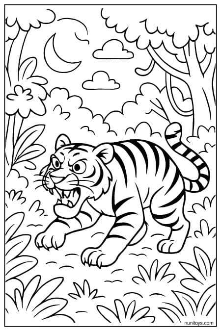 Roaring Tiger Moving Through Jungle at Night Coloring Page