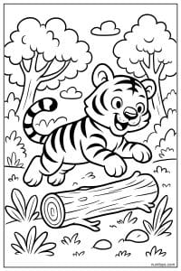 Tiger Cub Jumping Over a Log in the Forest Coloring Page