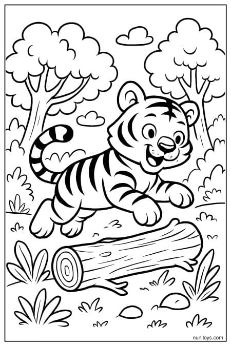 Tiger Cub Jumping Over a Log in the Forest Coloring Page
